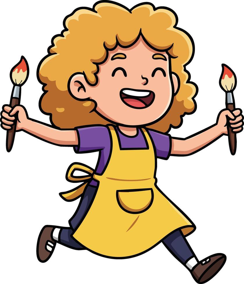 Child artist running happily with paint brushes wearing yellow apron and purple shirt cheerful creative kid painting hobby vector