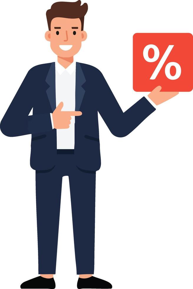 Businessman holding percentage sign smiling and pointing at discount concept in navy suit illustration vector