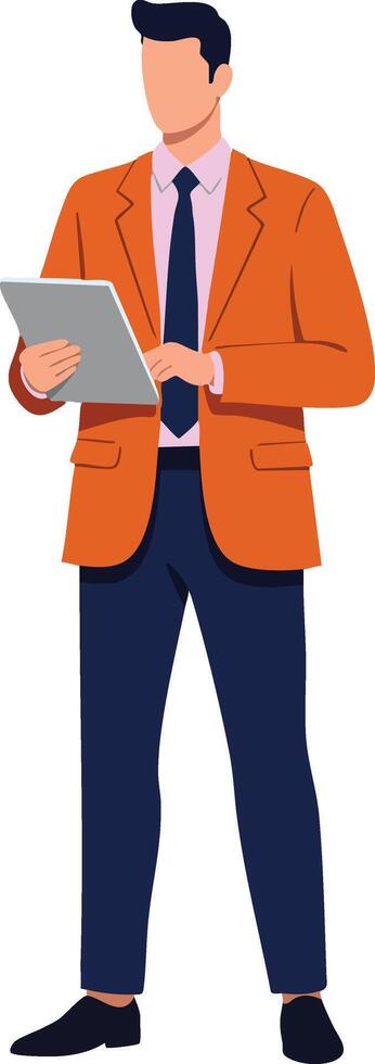 Businessman in orange jacket holding tablet digital device illustration for professional office work and technology concept vector