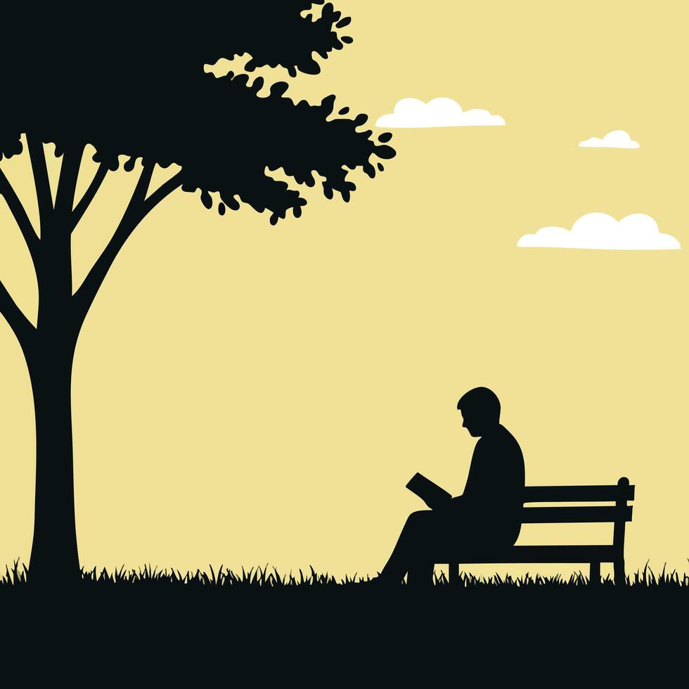 Silhouette of man reading book on park bench under tree during calm sunset illustration vector
