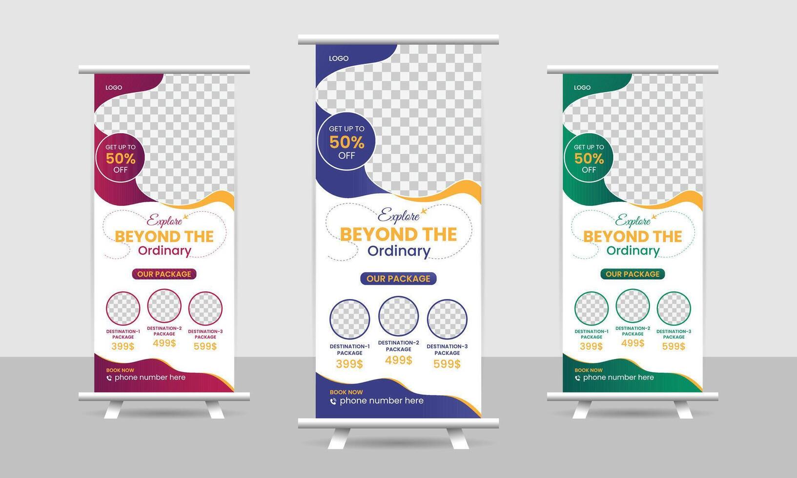 Travel roll up banner template design, vacation, holiday, tour roll up banner template design vector