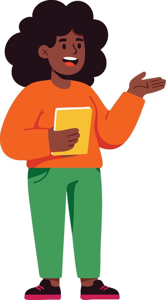 Young woman holding book and gesturing with hand in casual outfit illustration vector