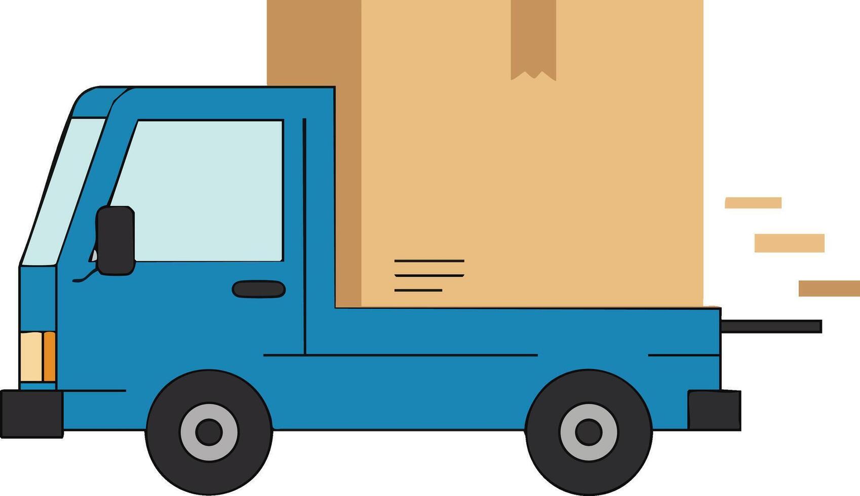 Small blue delivery truck carrying large cardboard box fast moving vehicle transport logistics concept vector