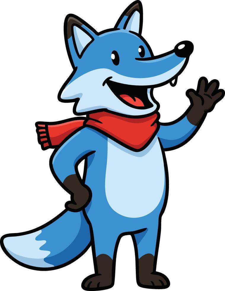 Blue fox character waving hand with red scarf happy cartoon animal design illustration vector