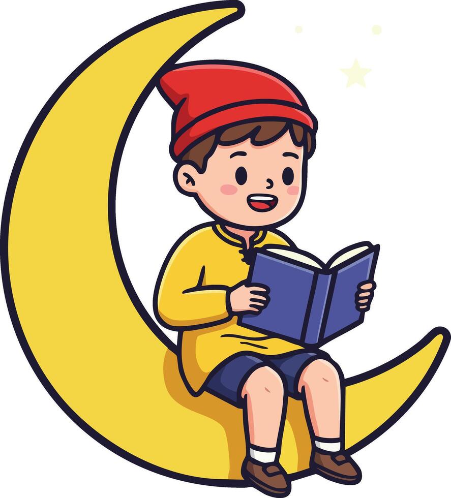 Boy reading book on crescent moon wearing red hat and yellow jacket illustration vector