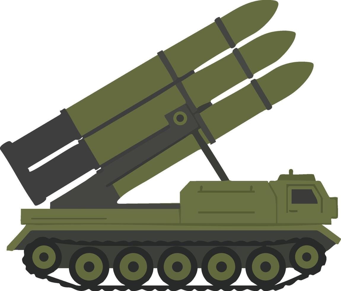 Military missile launcher vehicle with multiple rockets in olive green flat design for defense and warfare concept vector