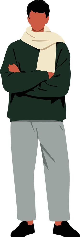 Man wearing dark green sweater and beige scarf standing with crossed arms in casual style illustration vector