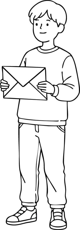 Boy standing holding envelope mail letter line art illustration simple design vector
