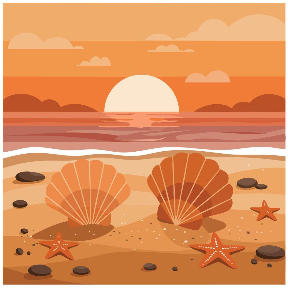 Seashells and starfish on sandy beach at sunset with orange sky and calm sea illustration vector