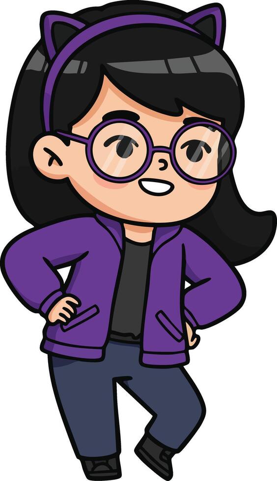 Girl with cat ears headband wearing purple jacket and glasses confident pose illustration vector