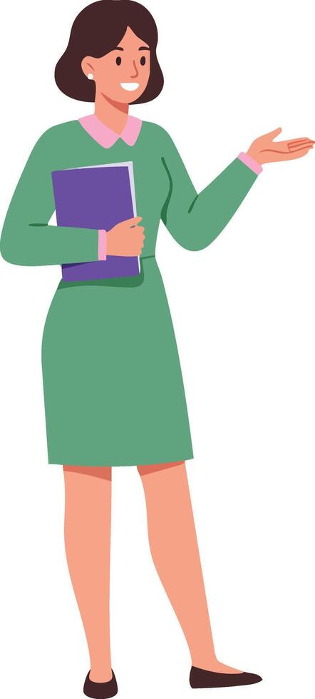 Woman in green dress holding folder presenting or explaining with smile business casual style illustration vector