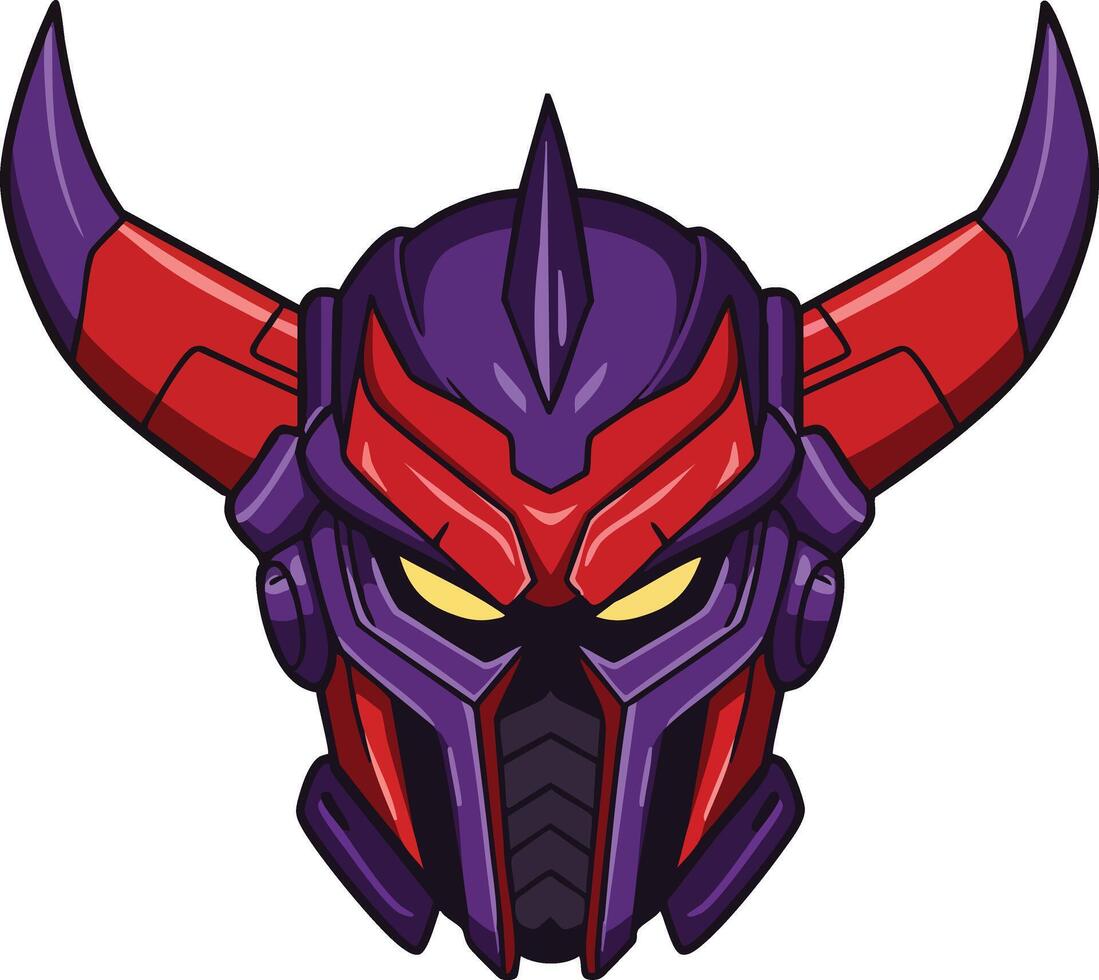 Futuristic robotic demon helmet with purple and red colors design for sci-fi and fantasy themes vector