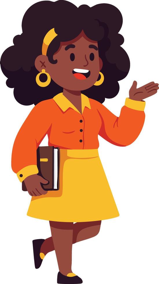 Young woman holding book smiling and gesturing in orange and yellow outfit illustration vector