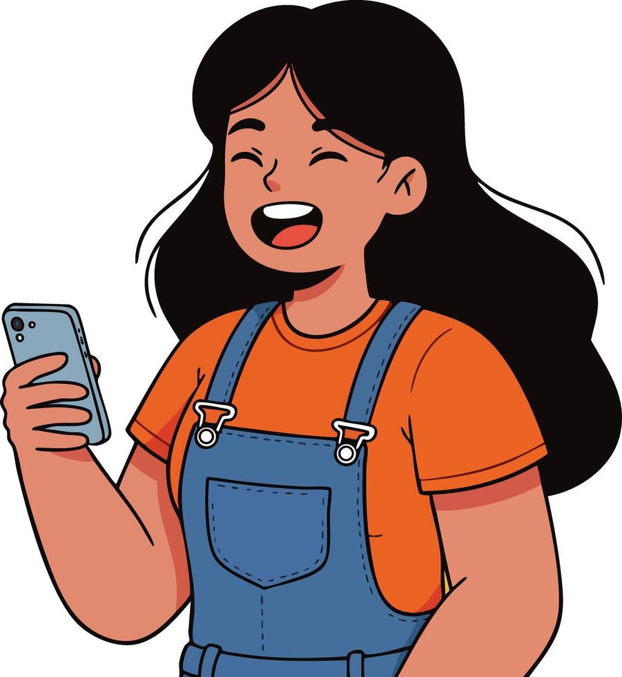 Laughing girl holding smartphone wearing orange shirt and denim overalls illustration vector