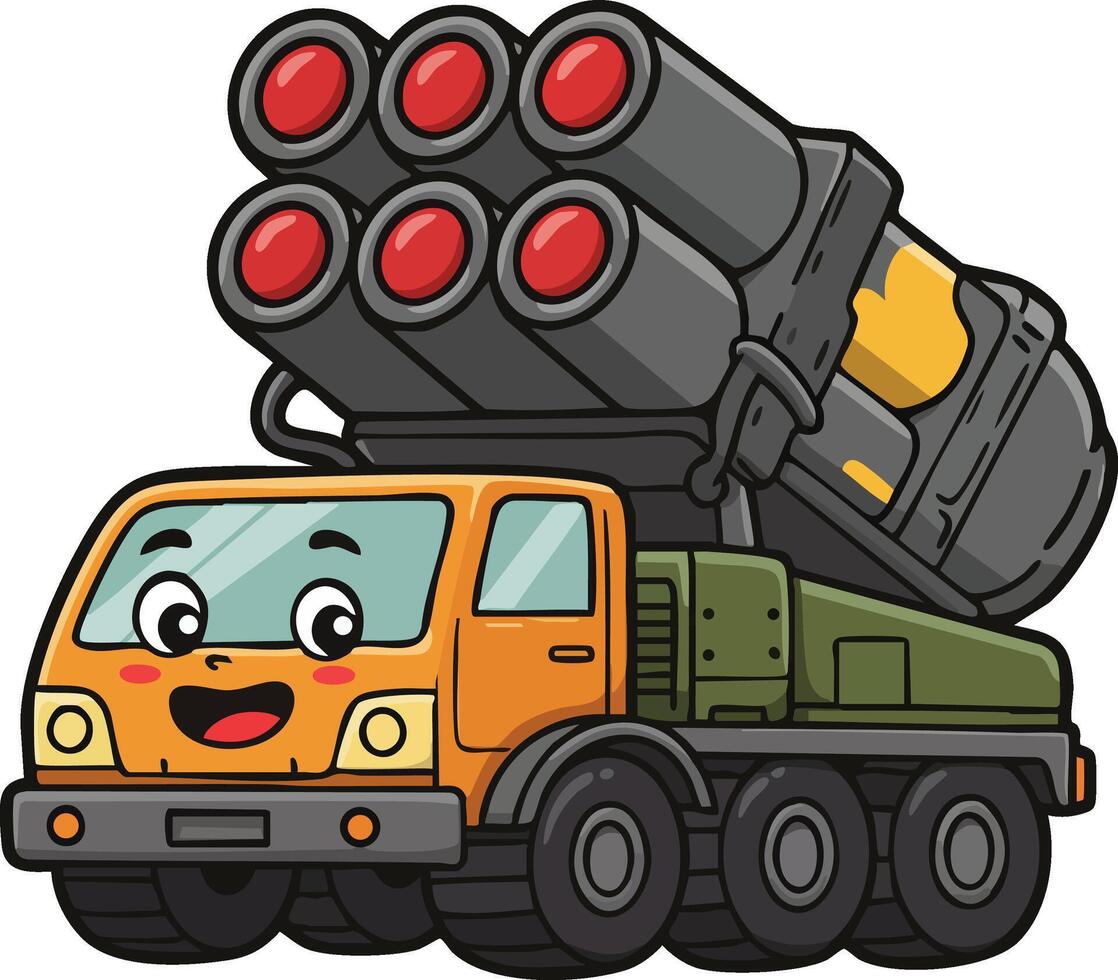 Cute smiling military rocket launcher truck cartoon style with orange and green colors cheerful happy design vector