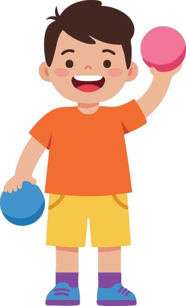 Boy playing with colorful balls in casual summer outfit smiling happily illustration vector