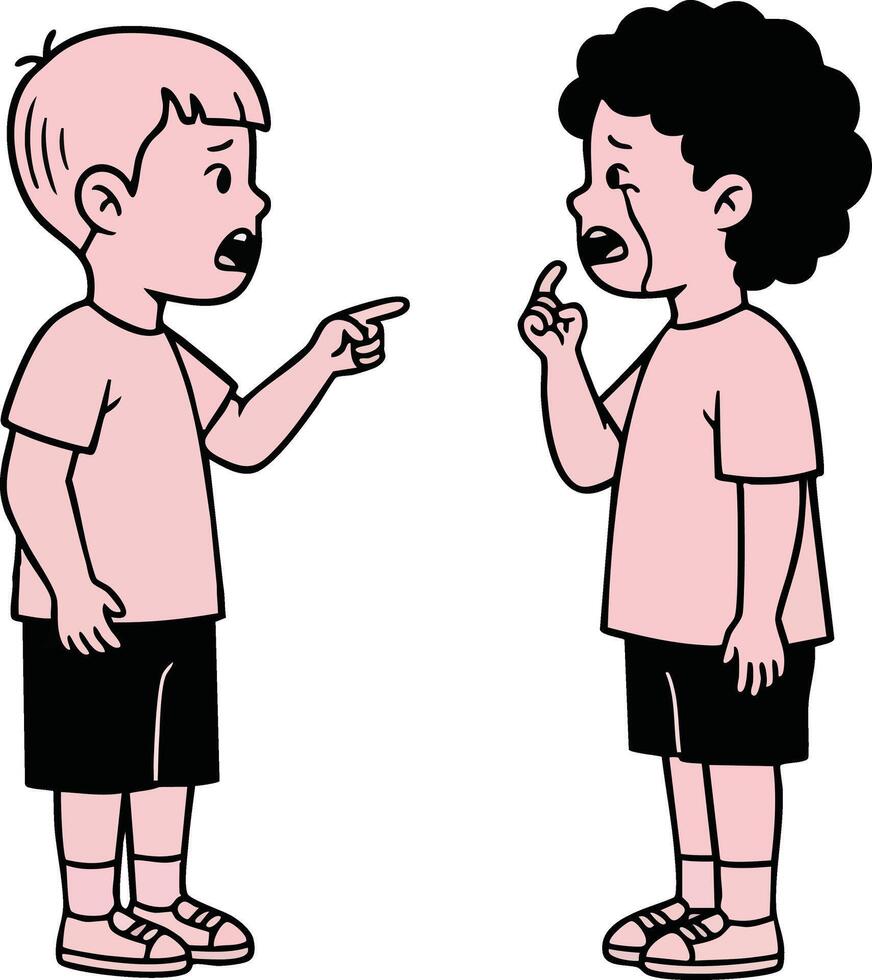Two children arguing and pointing fingers in a simple style with black shorts and pink shirts vector