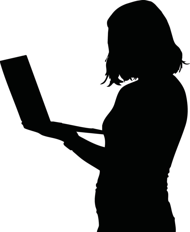Silhouette of woman standing using laptop device technology digital communication illustration vector