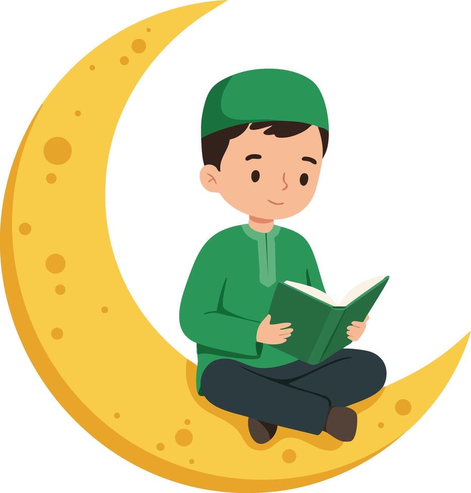 Boy Reading Book Sitting on Crescent Moon Illustration in Green Clothes and Black Pants vector