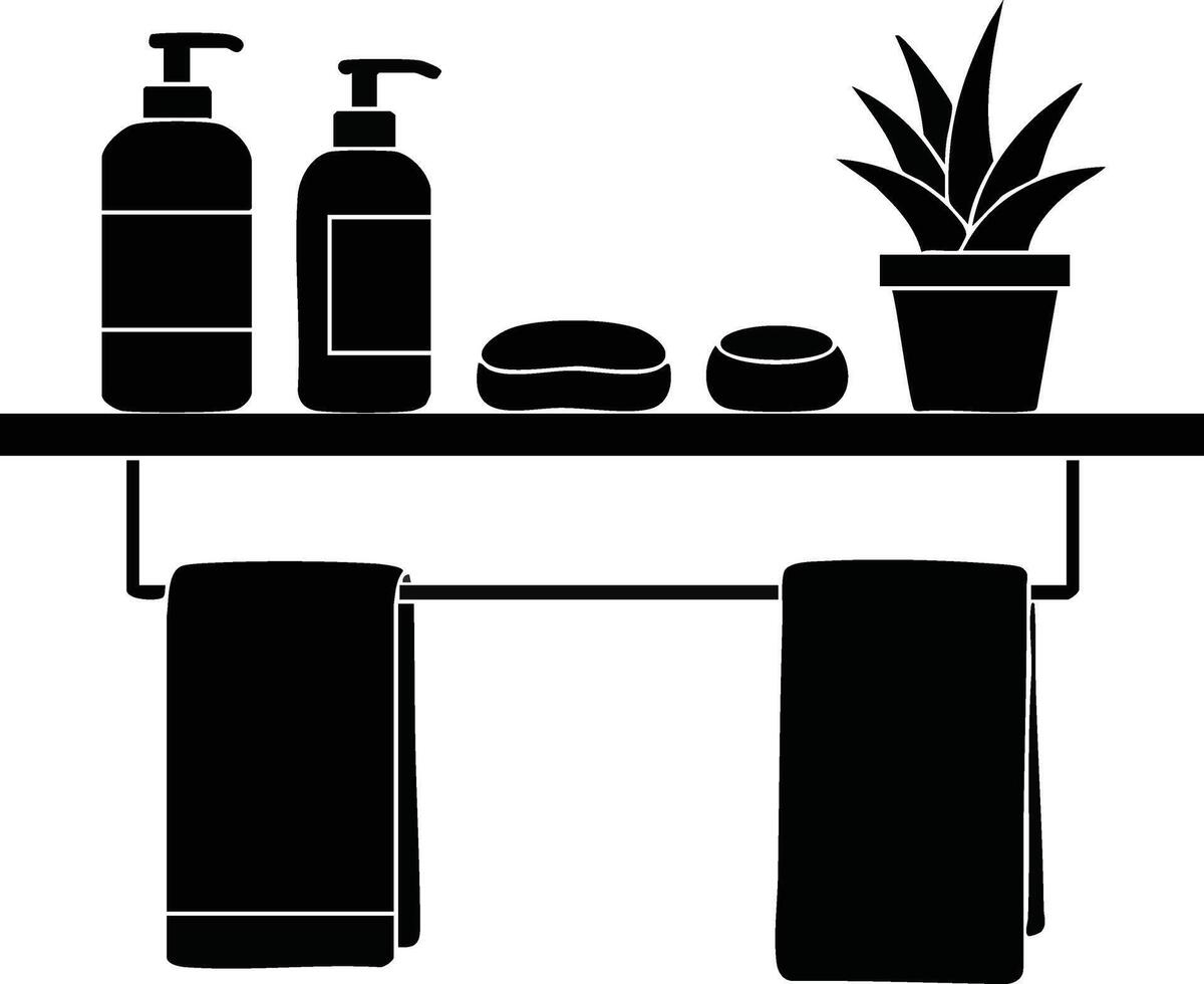 Bathroom shelf with soap dispensers towels potted plant and soap bars design for home hygiene and decor vector
