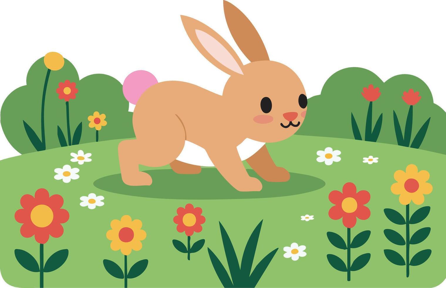 Cute brown rabbit walking on green grassy field with colorful flowers in spring illustration vector