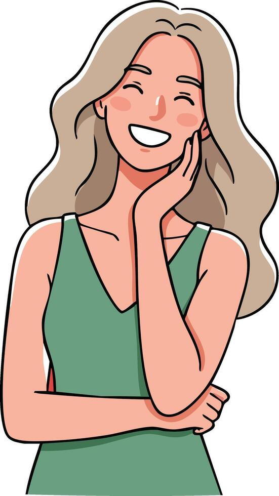 Smiling woman with long hair wearing green dress in cheerful pose illustration vector