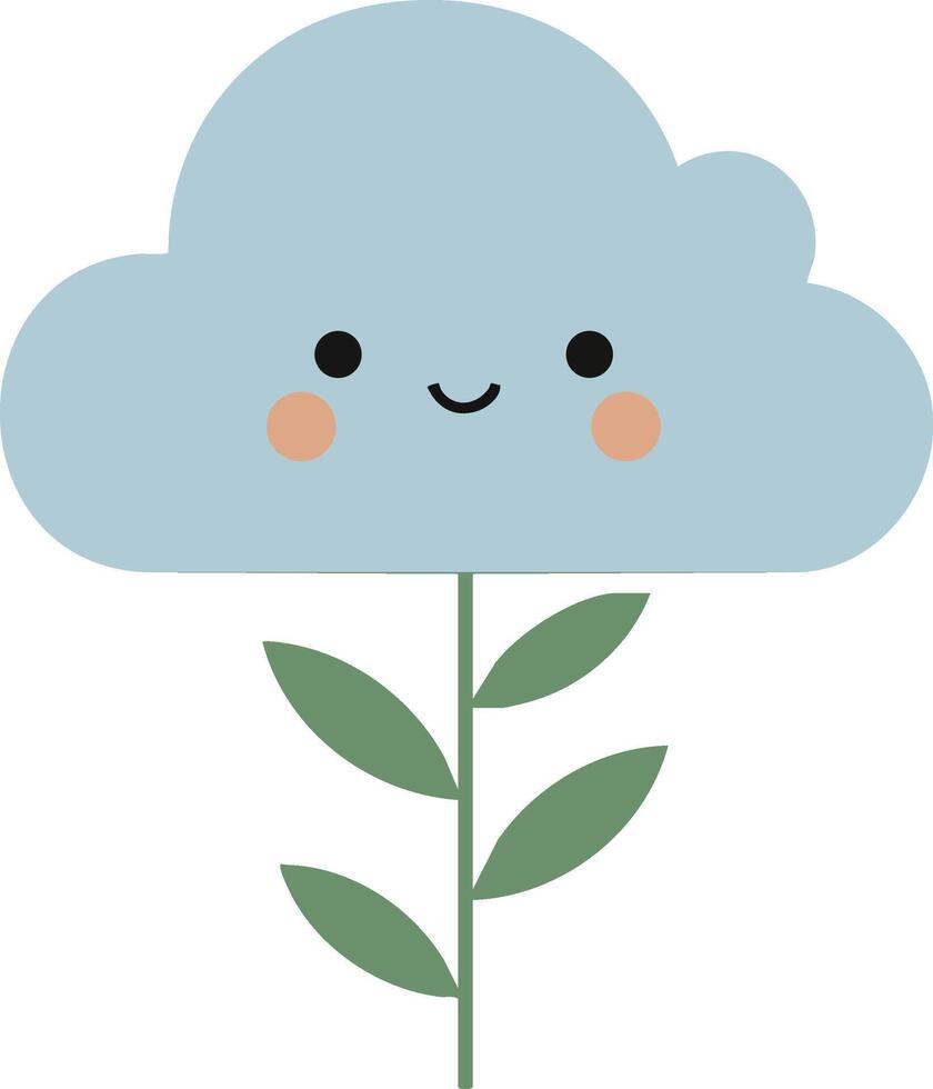 Cute smiling cloud flower with green leaves and blue petals design for children and nature themes vector
