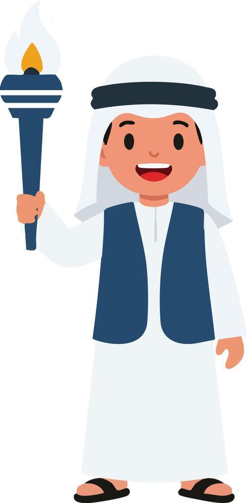 Young boy in traditional Middle Eastern clothing holding a burning torch smiling happily illustration vector
