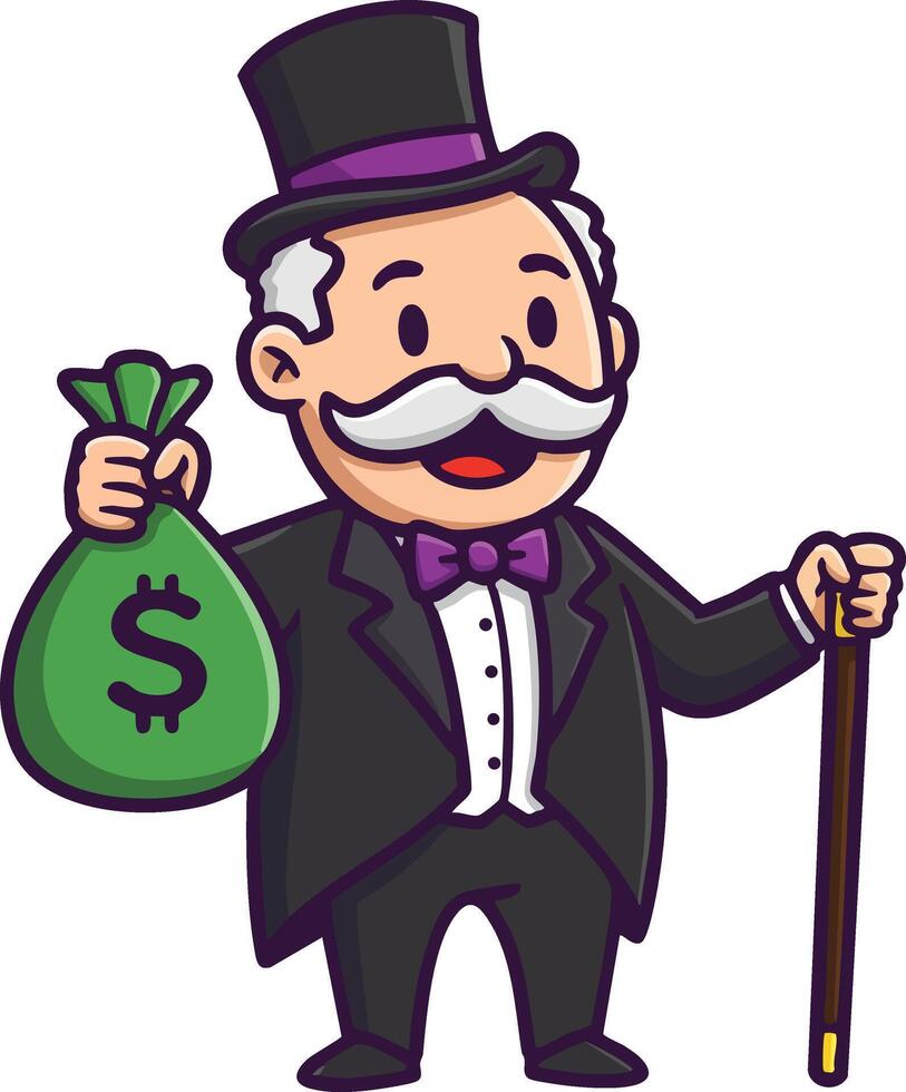 Rich old man cartoon character holding money bag with cane in formal suit and top hat illustration vector