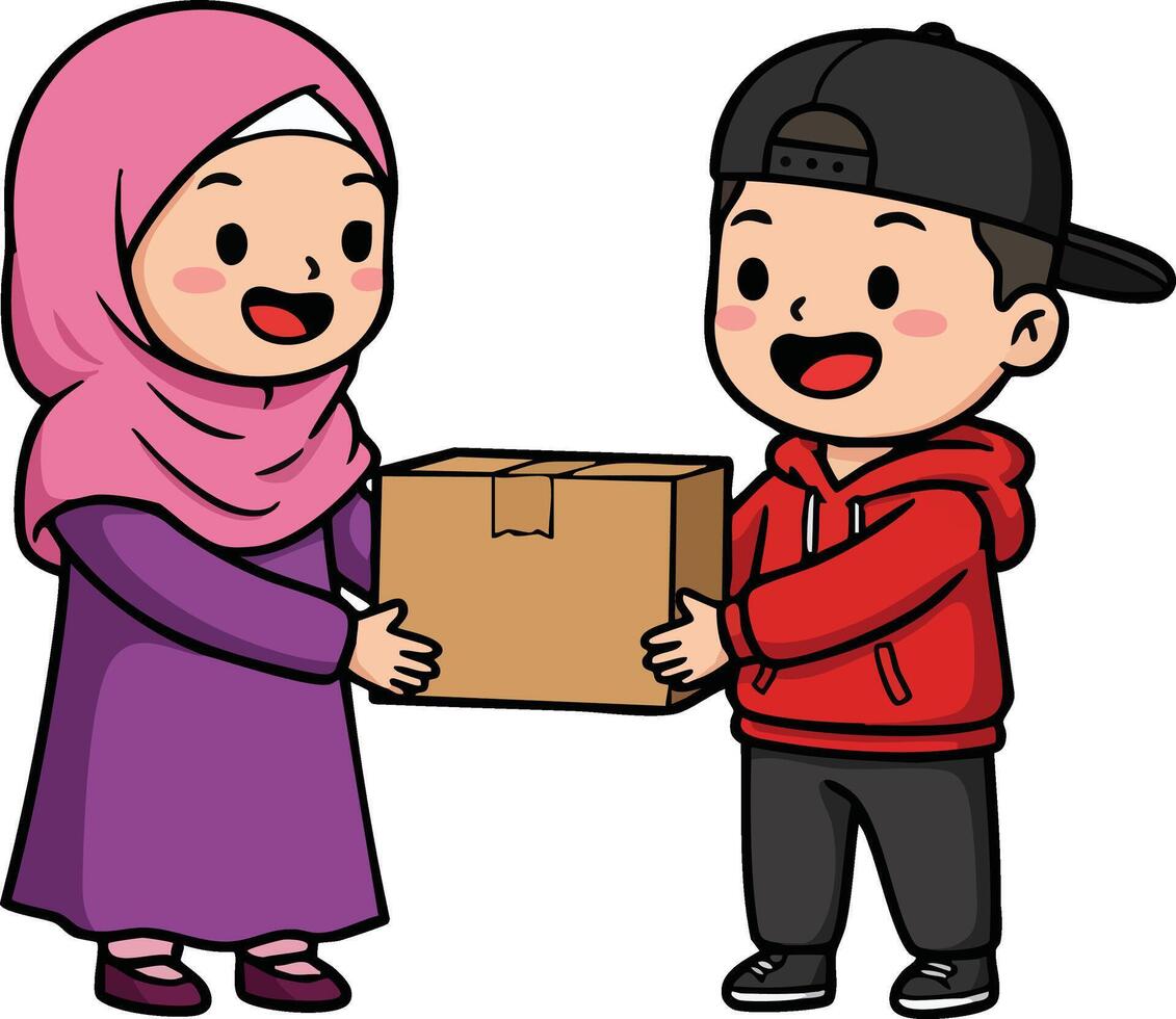 Young boy and girl exchanging cardboard box in friendly gesture illustration for cooperation and sharing concept vector