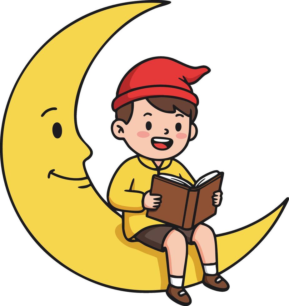 Boy sitting on crescent moon reading book with red hat and yellow sweater illustration vector