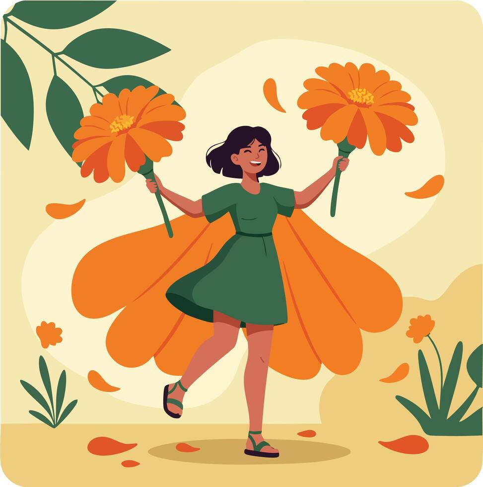 Woman dancing with orange flowers vector