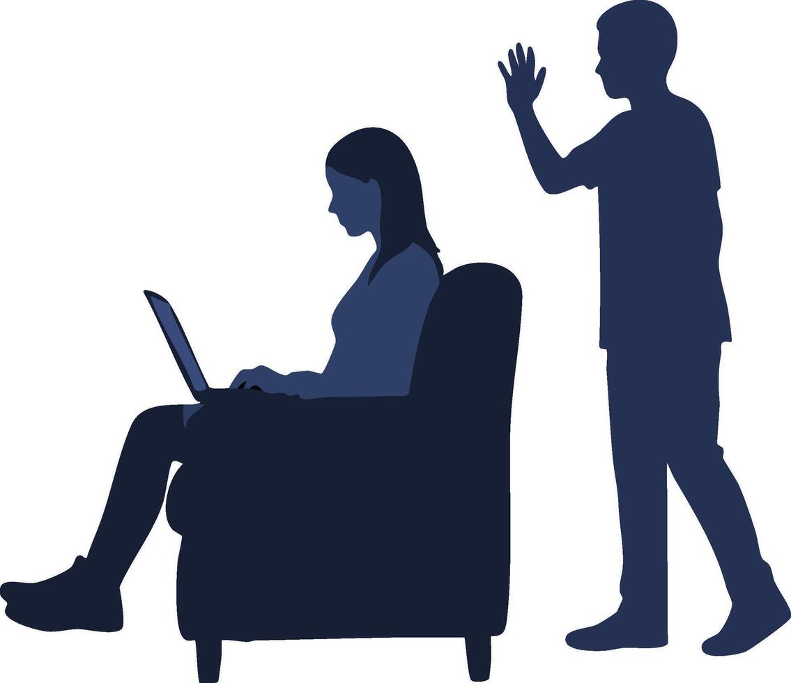 Silhouette of woman sitting on armchair using laptop with standing boy waving hand illustration vector