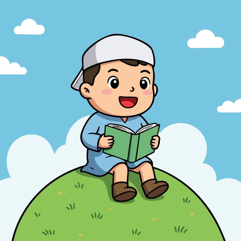 Boy sitting on grass hill reading book with blue sky and white clouds illustration vector