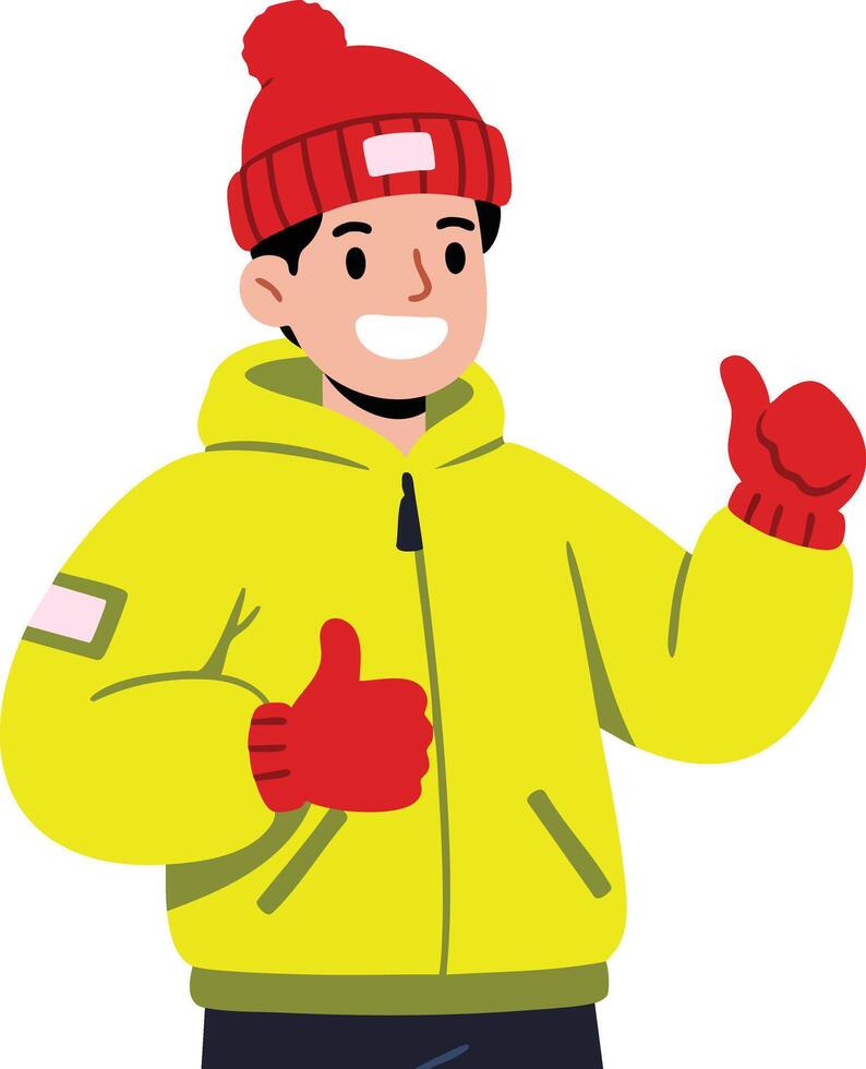 Young man wearing red hat and gloves giving thumbs up in yellow winter jacket illustration vector