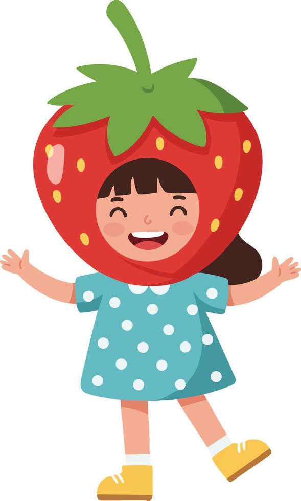 Little girl wearing strawberry costume dancing happily in blue polka dot dress with yellow shoes illustration vector