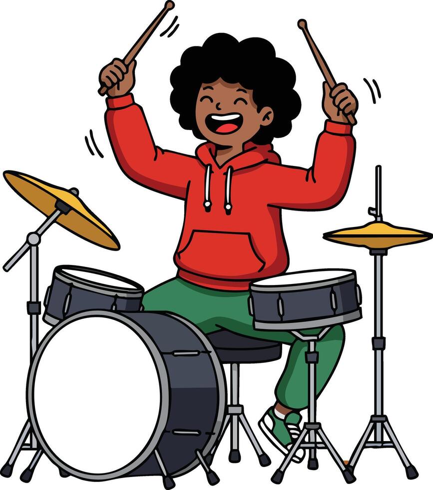 Young boy playing drums excitedly in red hoodie and green pants with smiling face illustration vector