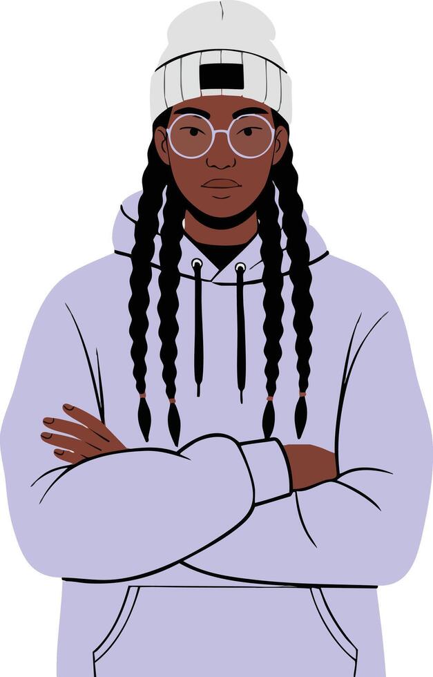 Young confident woman wearing glasses and white beanie with long braids in lavender hoodie illustration vector