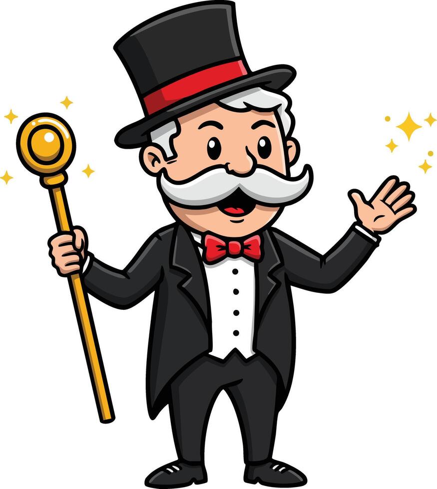 Gentleman character with top hat red bow tie and golden cane cartoon magician illustration vector