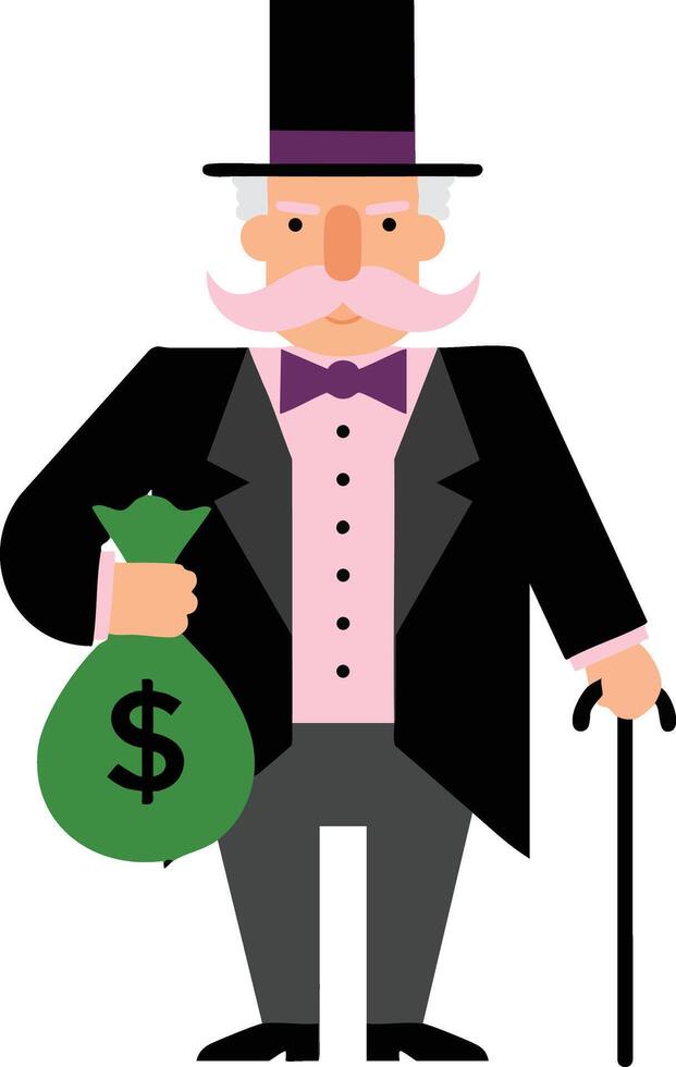 Wealthy old man with mustache holding money bag wearing tuxedo and top hat illustration vector