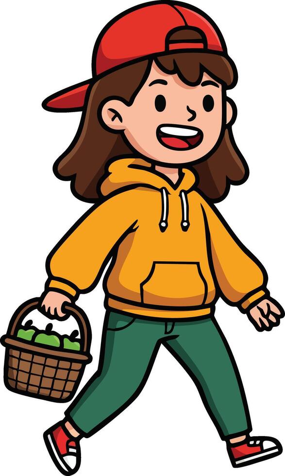 Girl walking with basket wearing red cap orange hoodie and green pants casual style illustration vector
