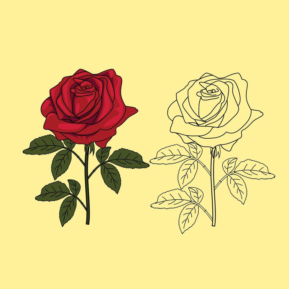 Hand Drawn Red Rose Elegant Floral Line Art of Blooming Rose Flower, Vintage Botanical Sketch for Tattoos, Invitations, Packaging, and Decorative Design vector