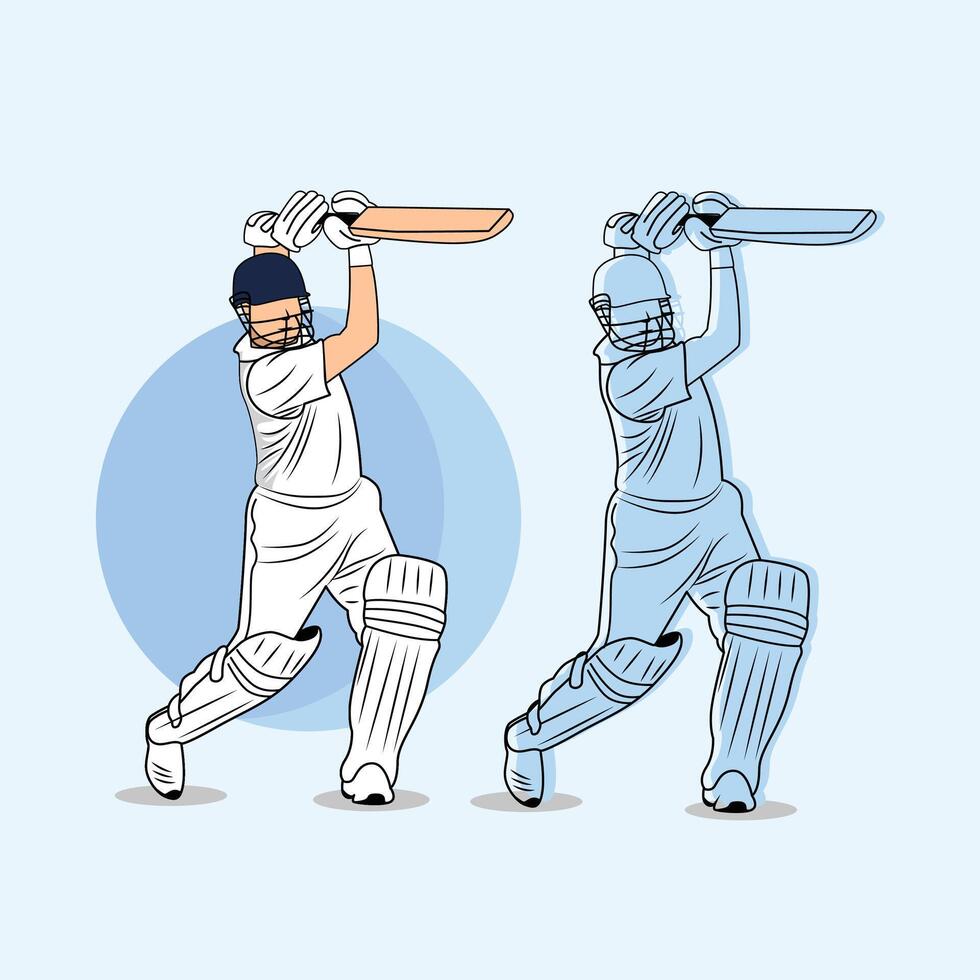 Cricket batsman playing powerful shot with bat, professional sportsman action pose for tournament, competition, team branding, apparel design. vector