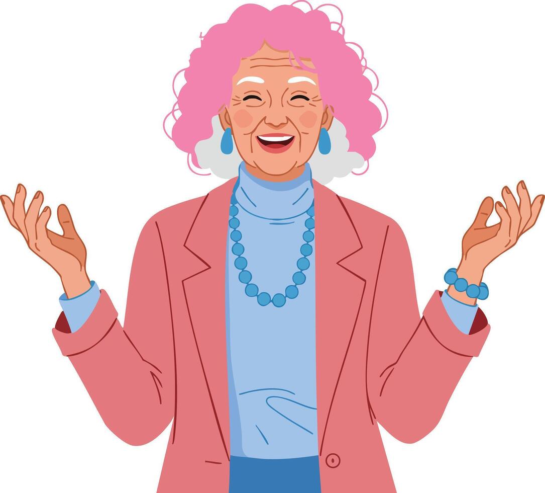 Elderly woman with pink hair smiling and welcoming gesture in stylish clothing illustration vector