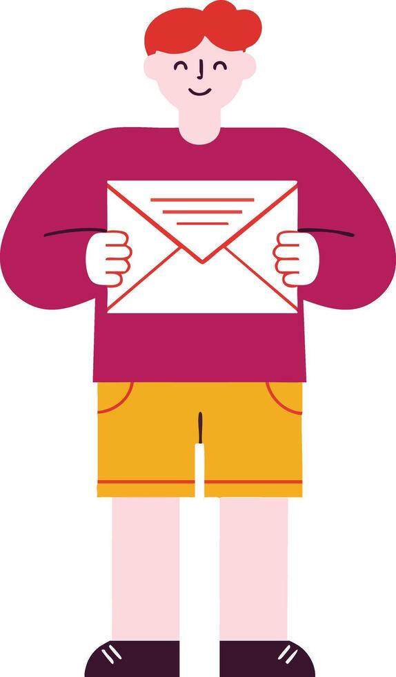 Red-haired boy holding envelope illustration in casual clothes yellow shorts and maroon sweater smiling vector