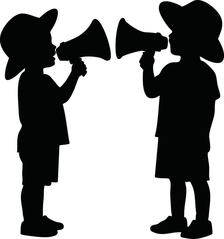Silhouette of two children playing with megaphones facing each other in simple black design vector