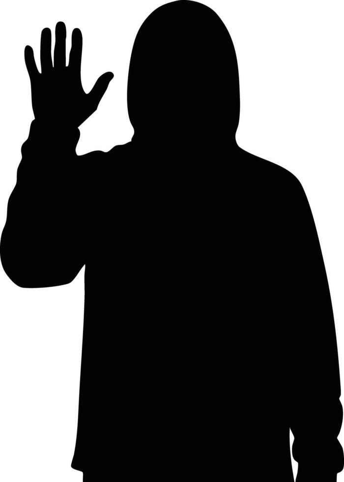 Silhouette of person wearing hoodie raising hand in greeting or stop gesture illustration vector