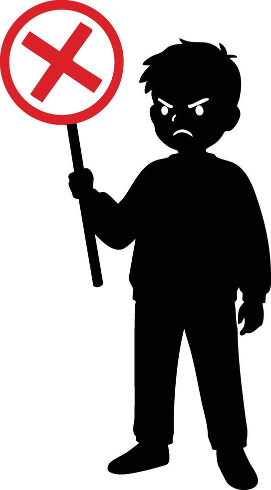 Angry boy holding protest sign with red cross symbol silhouette illustration vector