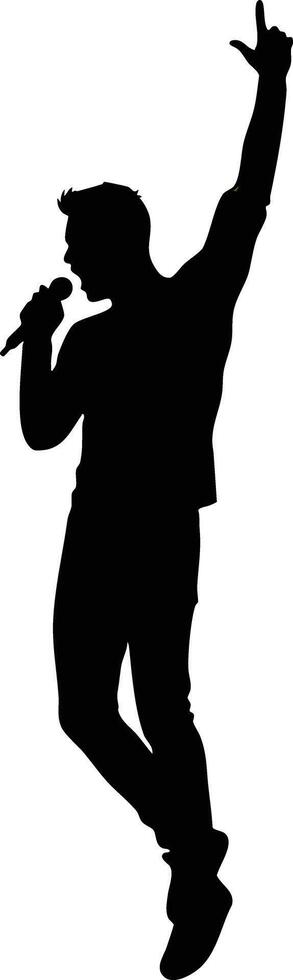 Silhouette of male singer holding microphone and raising one hand in dynamic pose illustration vector