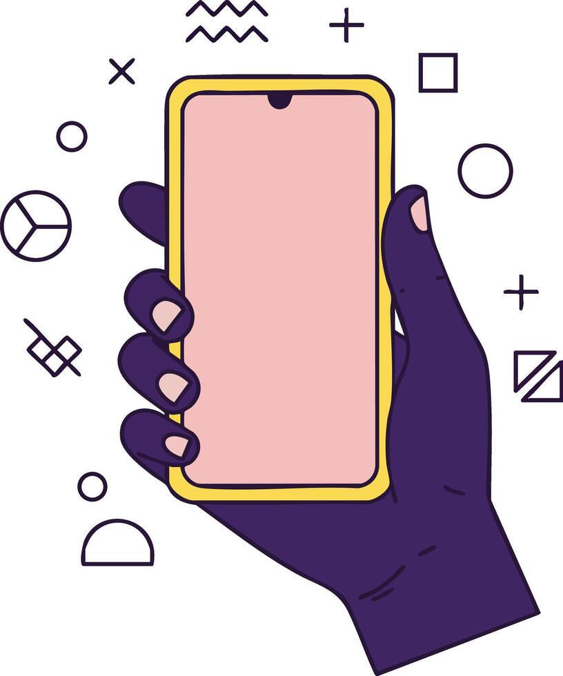 Smartphone held by hand with abstract geometric shapes around in modern style for technology and communication concepts vector